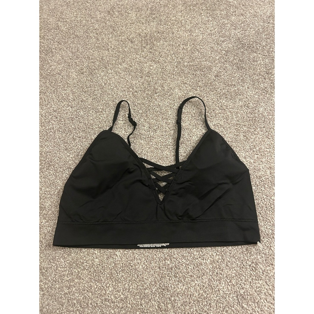 No Boundaries Bralette Womens XL Black Excellent Strappy Lattice V-Neck Ribbed